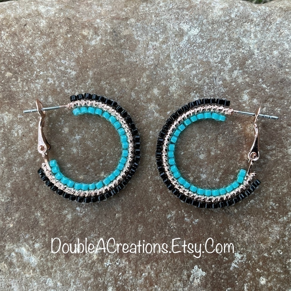Turquoise and Black on Copper 1” Beaded Hoops, New, Handmade by Me
